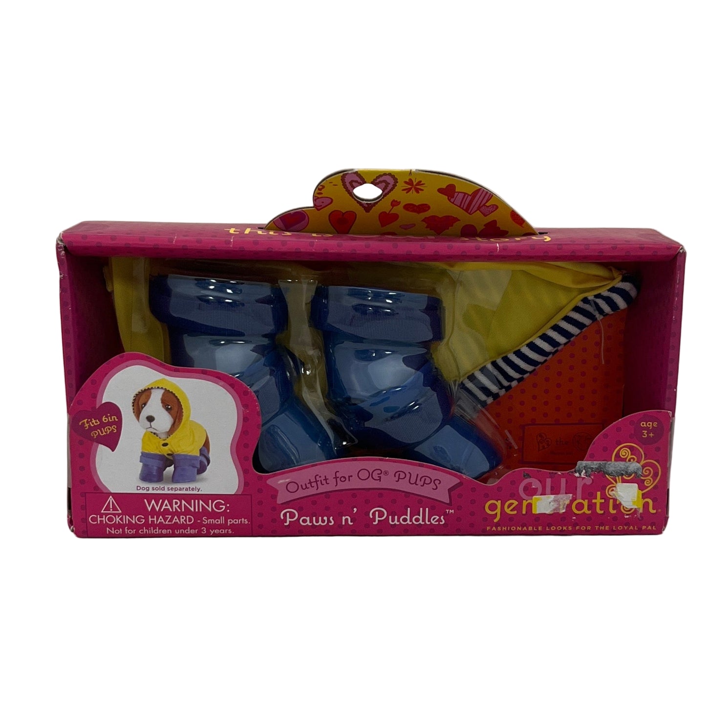 Packaged toy set for dogs with boots, raincoat, and umbrella on a white background