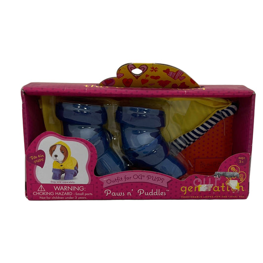 Packaged toy set for dogs with boots, raincoat, and umbrella on a white background