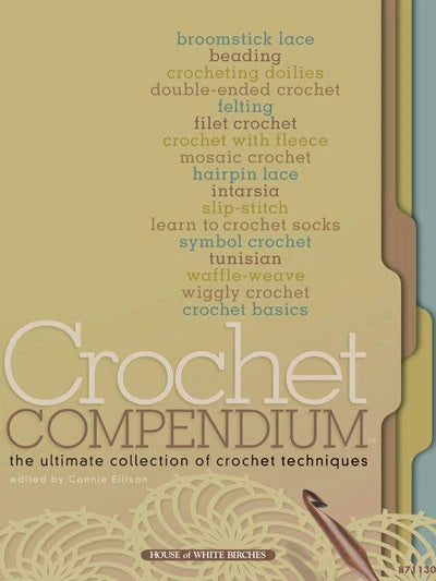Book cover of 'Crochet Compendium' with text and a crochet hook illustration.