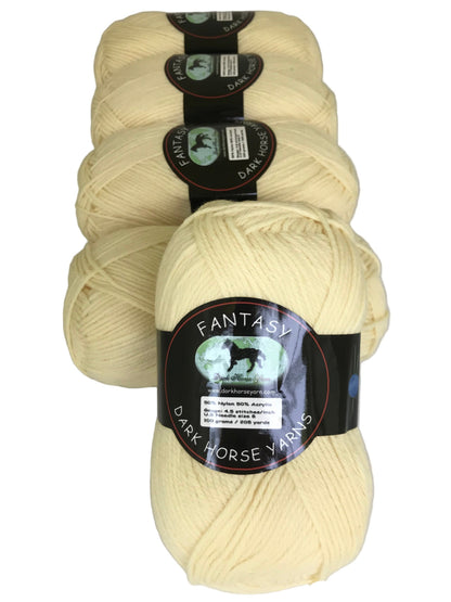 Three skeins of cream-colored yarn with 'Fantasy Dark Horse Yarns' labels on a white background.