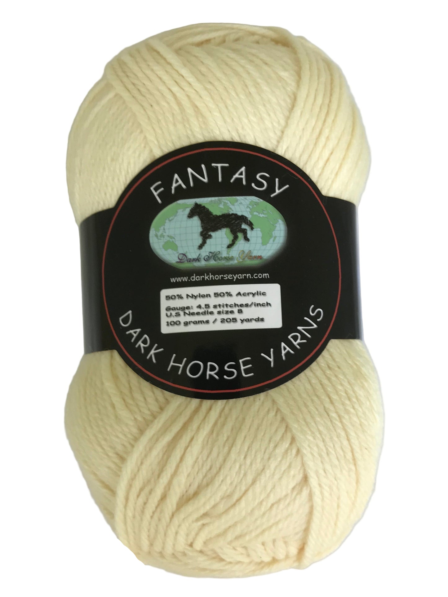 Ball of cream-colored yarn with a 'Dark Horse Yarns' label on a white background