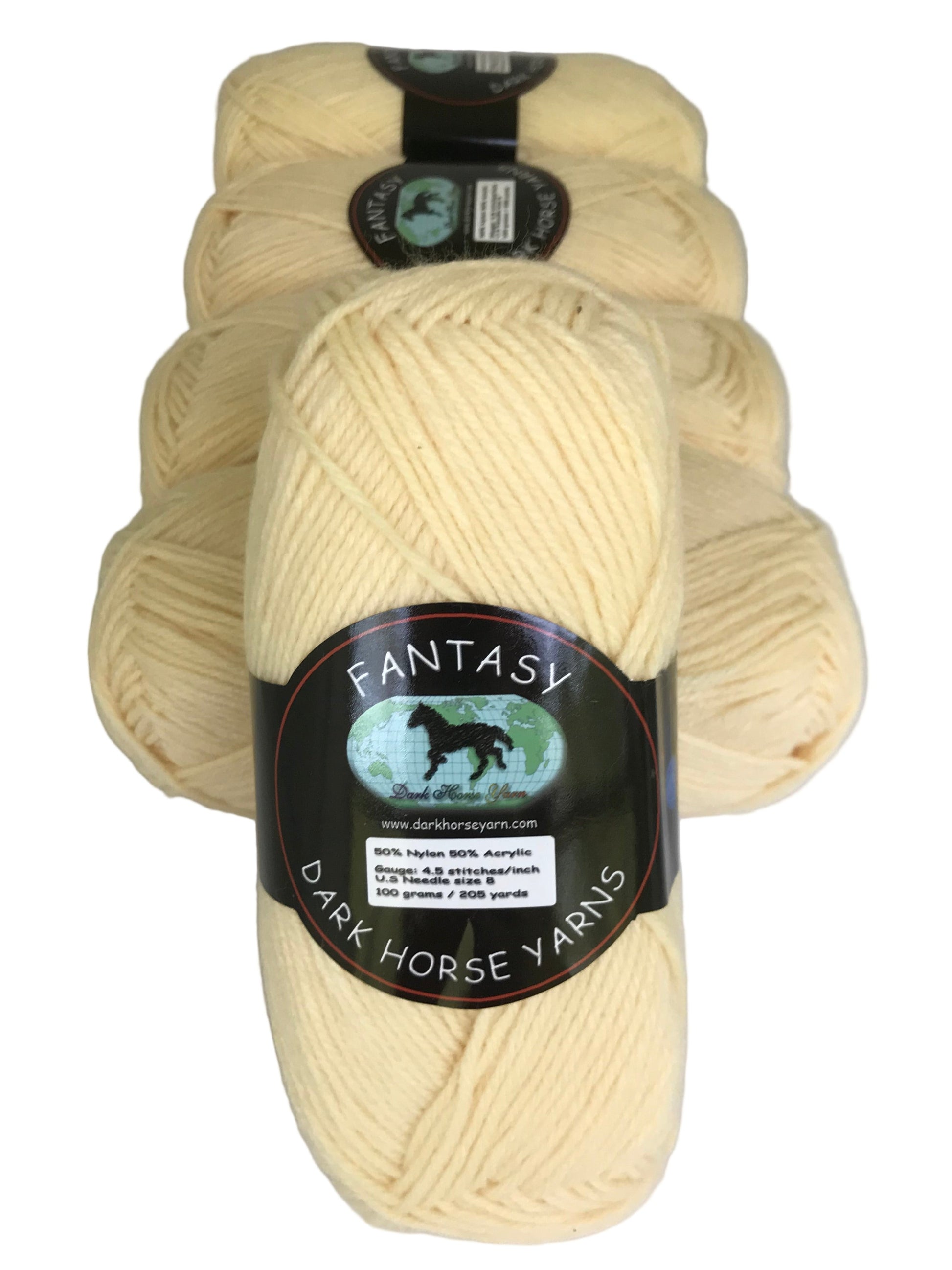 Cream-colored yarn skeins with 'Fantasy Dark Horse Yarns' labels on a white background
