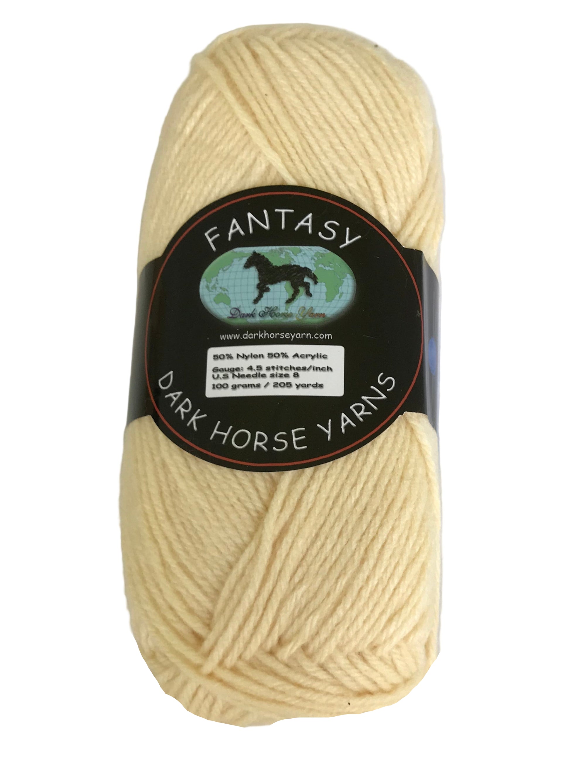 Ball of yarn with Dark Horse Yarns label on a white background
