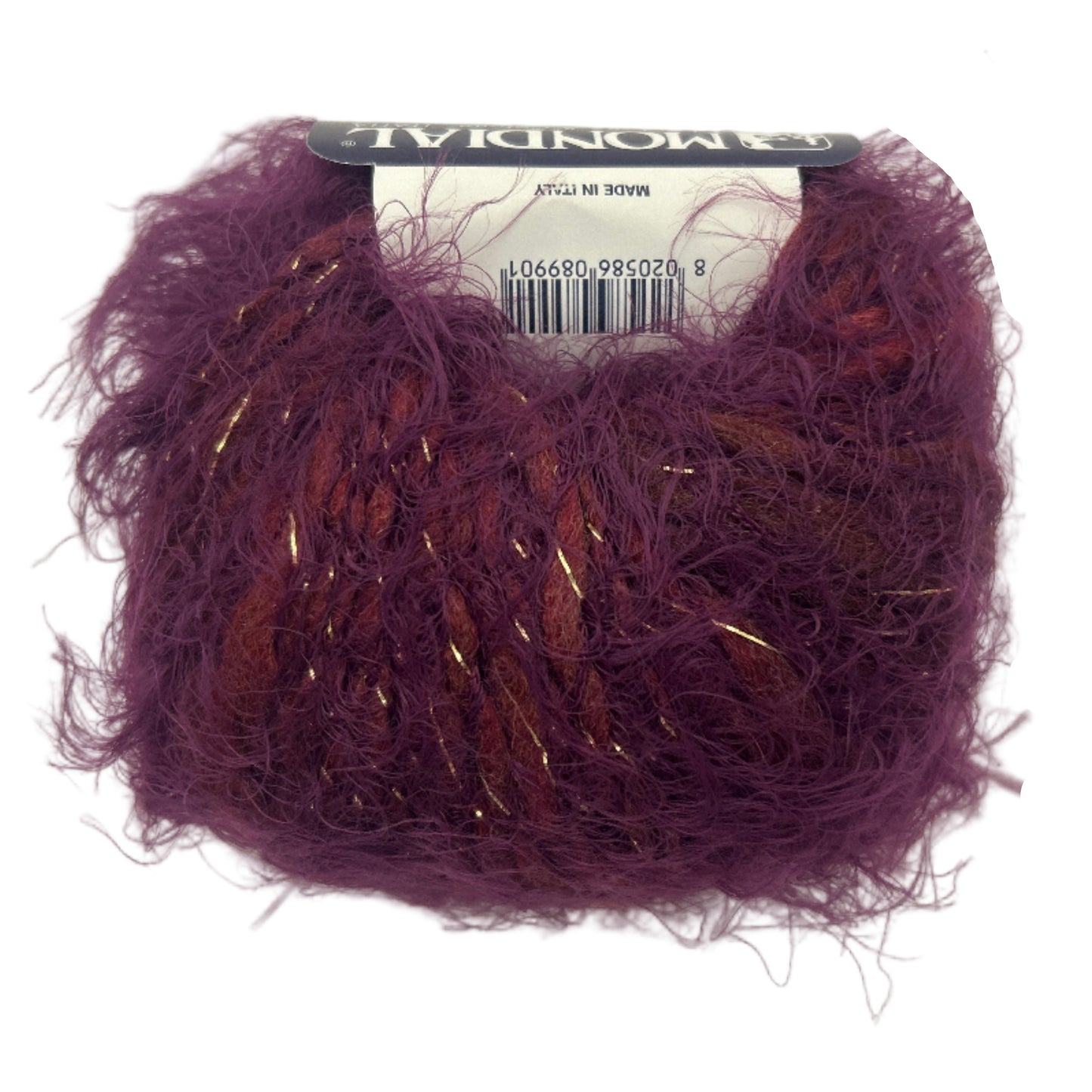 Purple yarn ball with a label on a white background