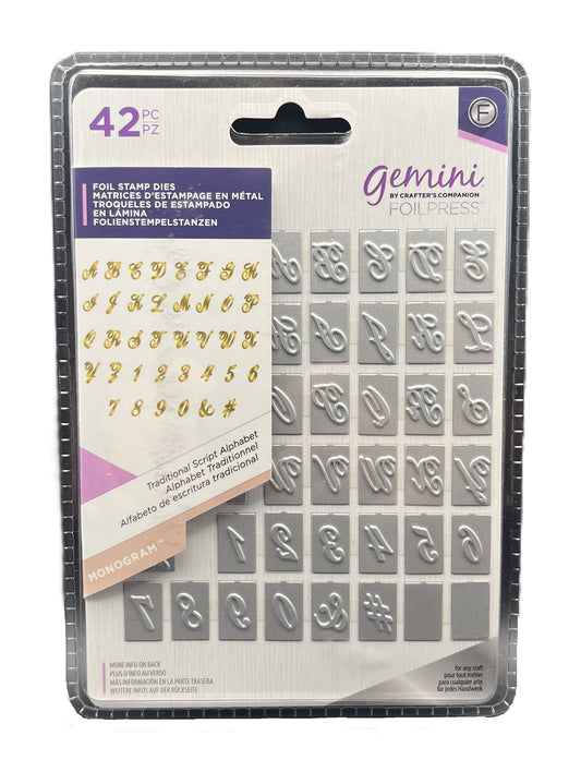 Foil stamp dies set with letter and number designs in a Gemini packaging.