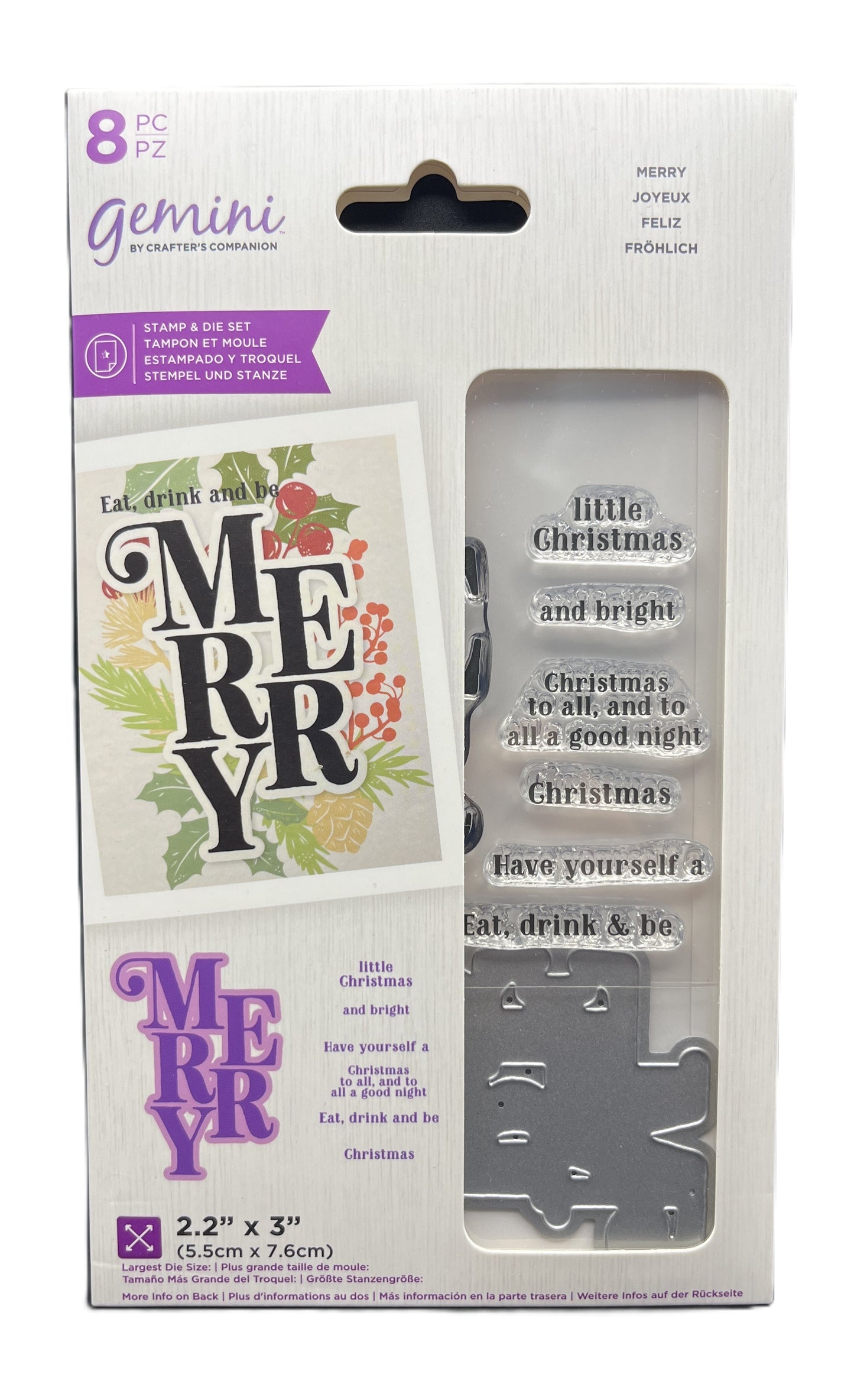 Packaging of Gemini stamp set with 'Merry' design and text