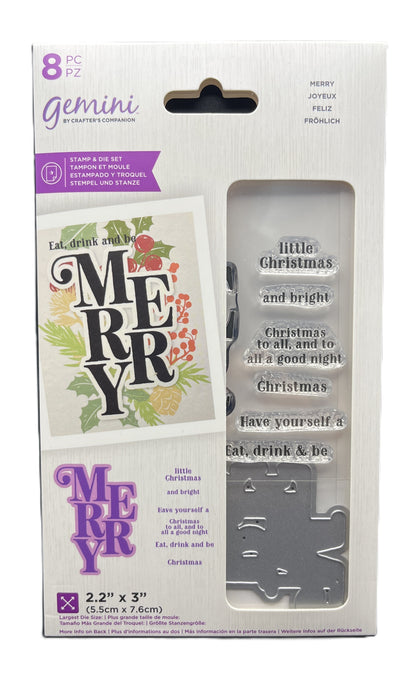 Packaging of Gemini stamp set with 'Merry' design and text