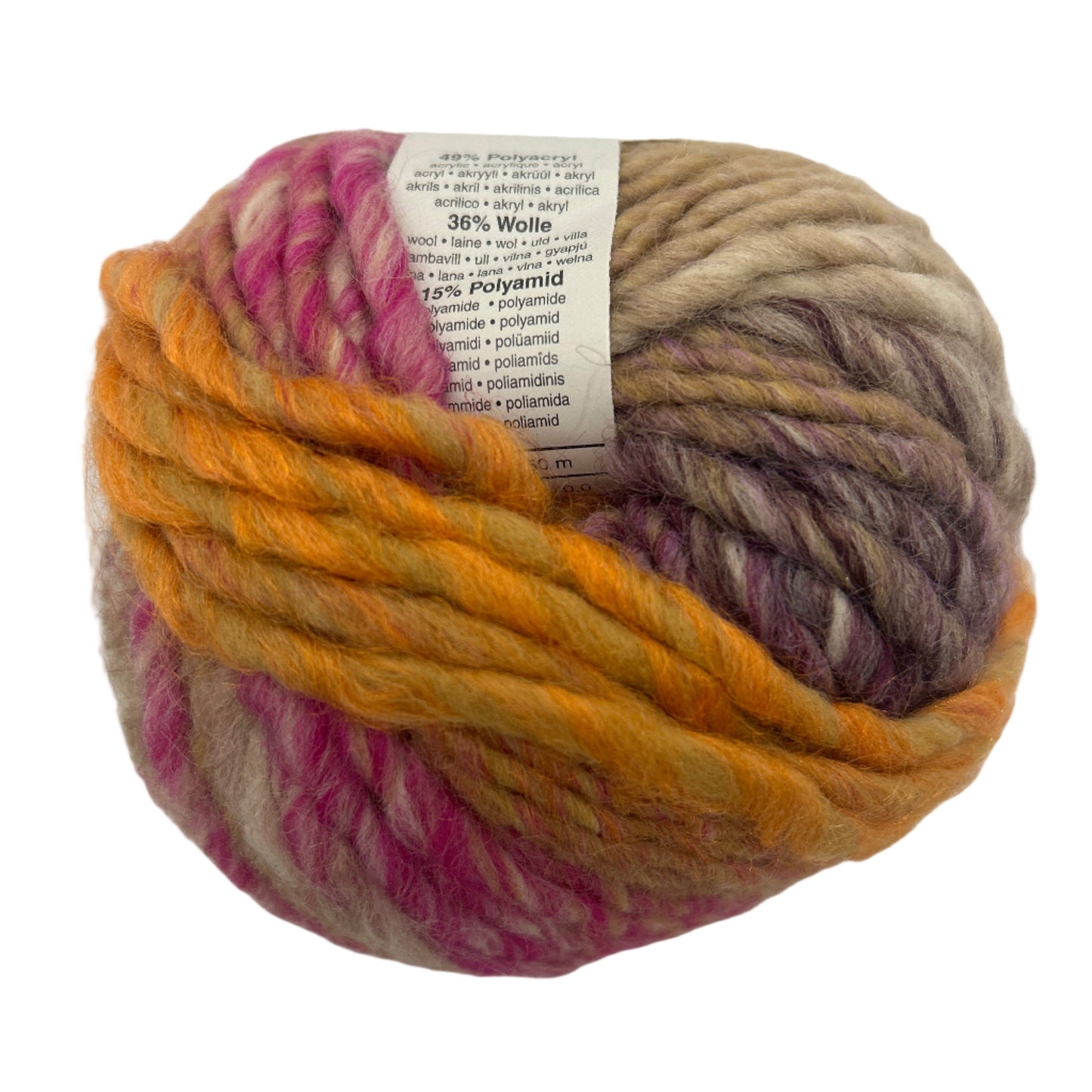 Multicolored skein of yarn with a label on a white background