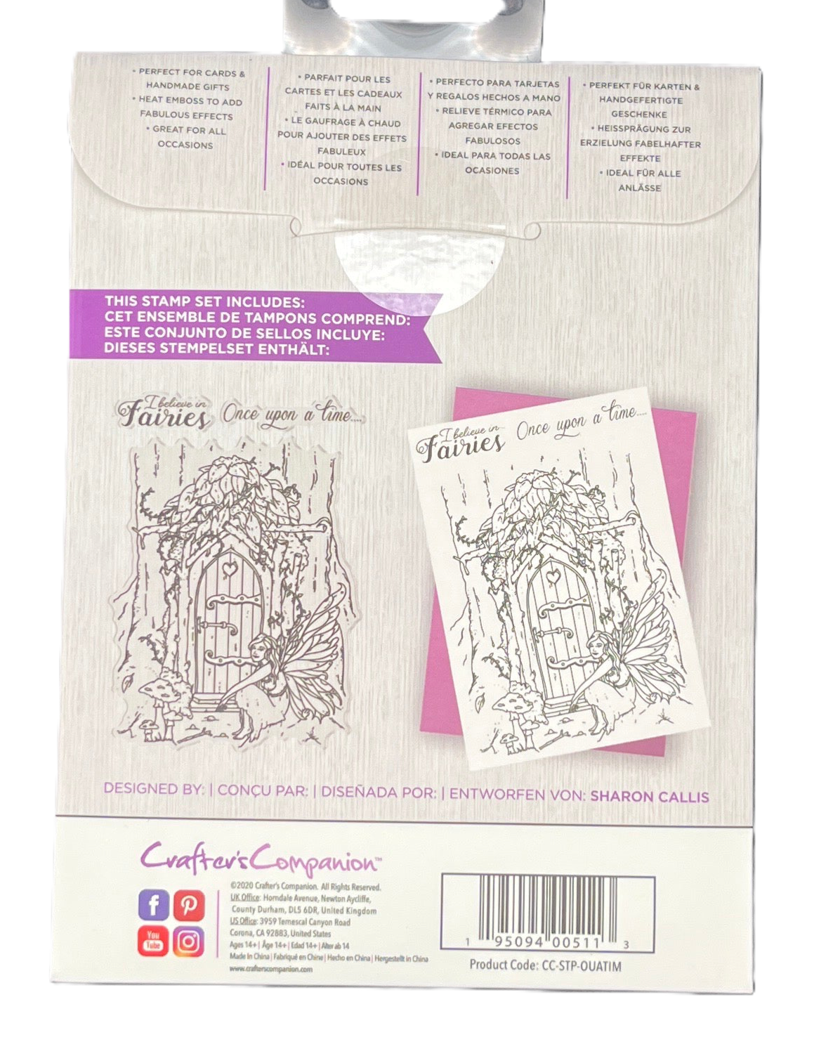 Packaging of a stamp set with fairy-themed design on a white background