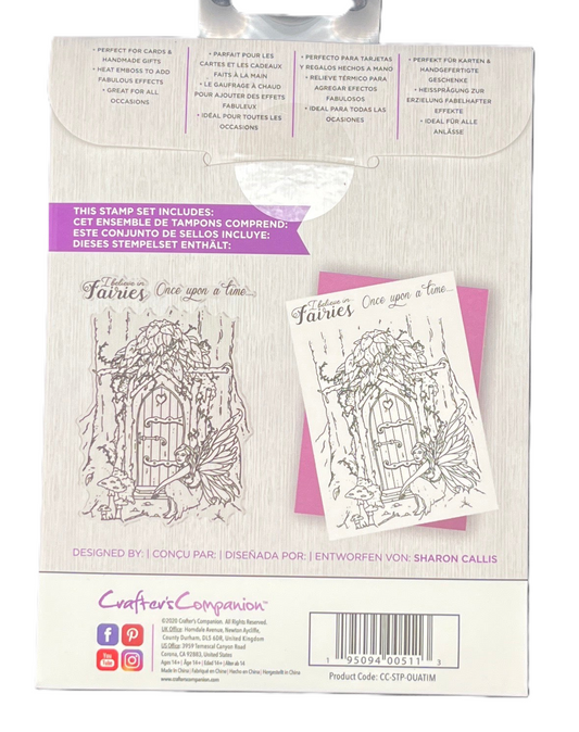 Packaging of a stamp set with fairy-themed design on a white background