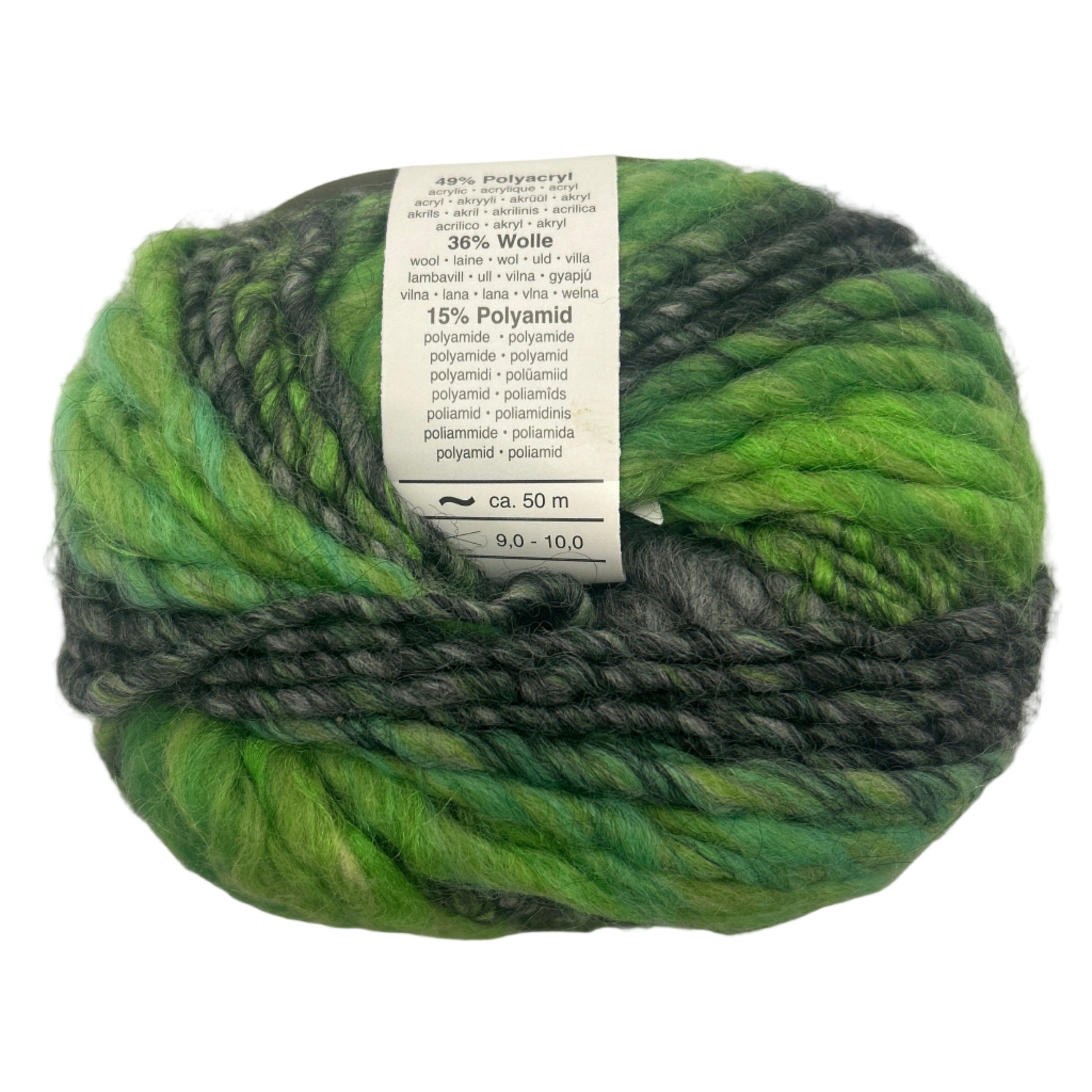 Ball of green and gray yarn on a white background