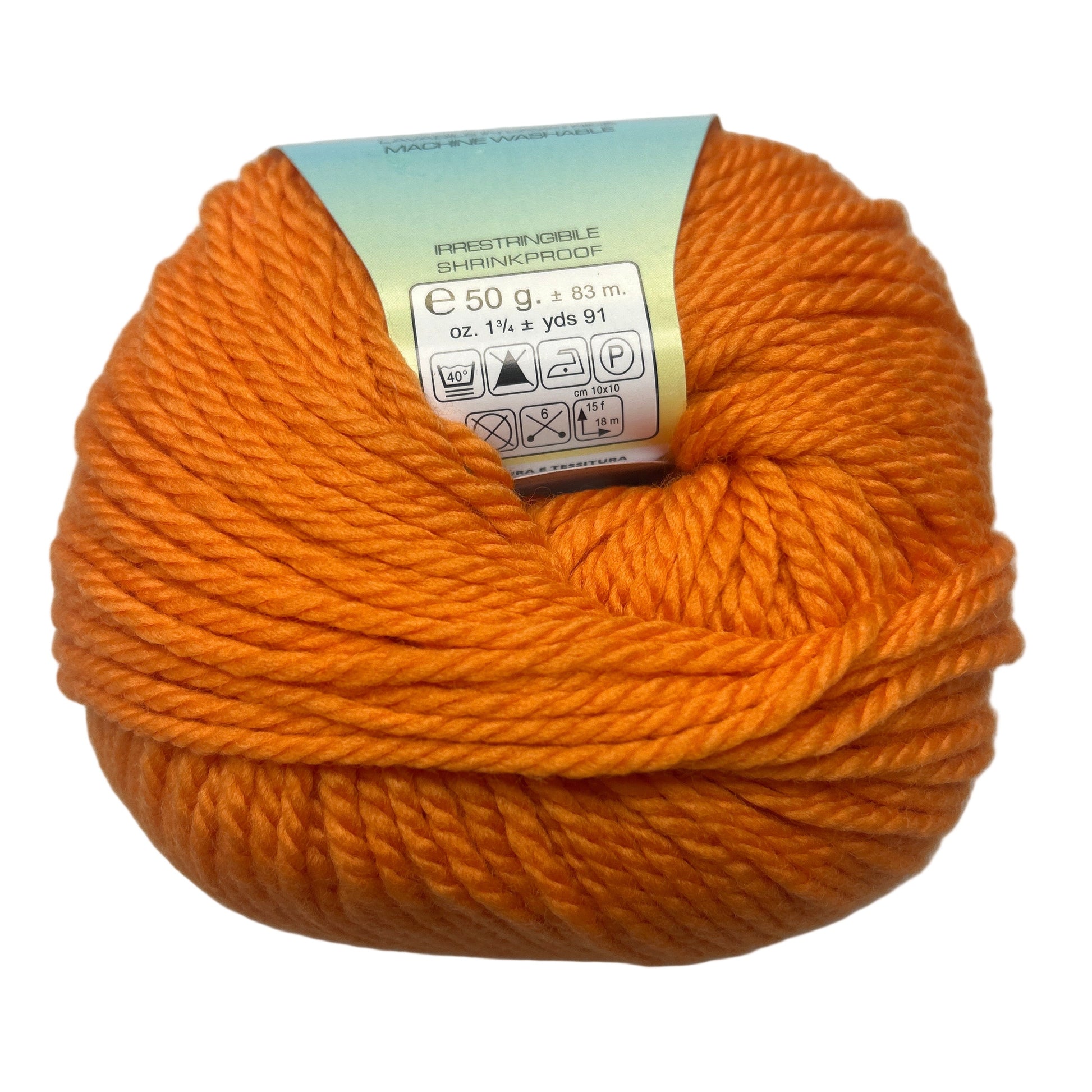 Orange ball of yarn with a label on a white background