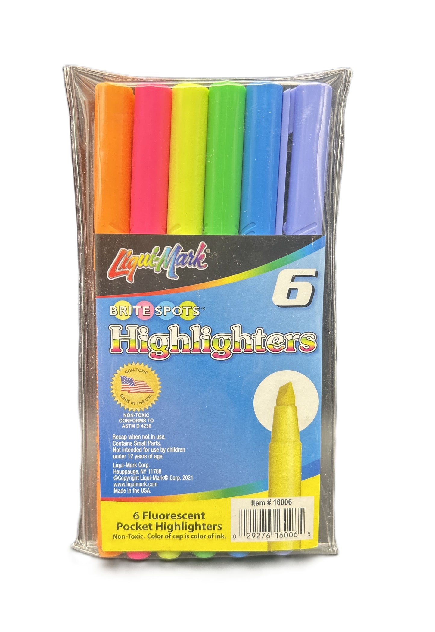 Pack of six colorful highlighters in a clear plastic package on a white background