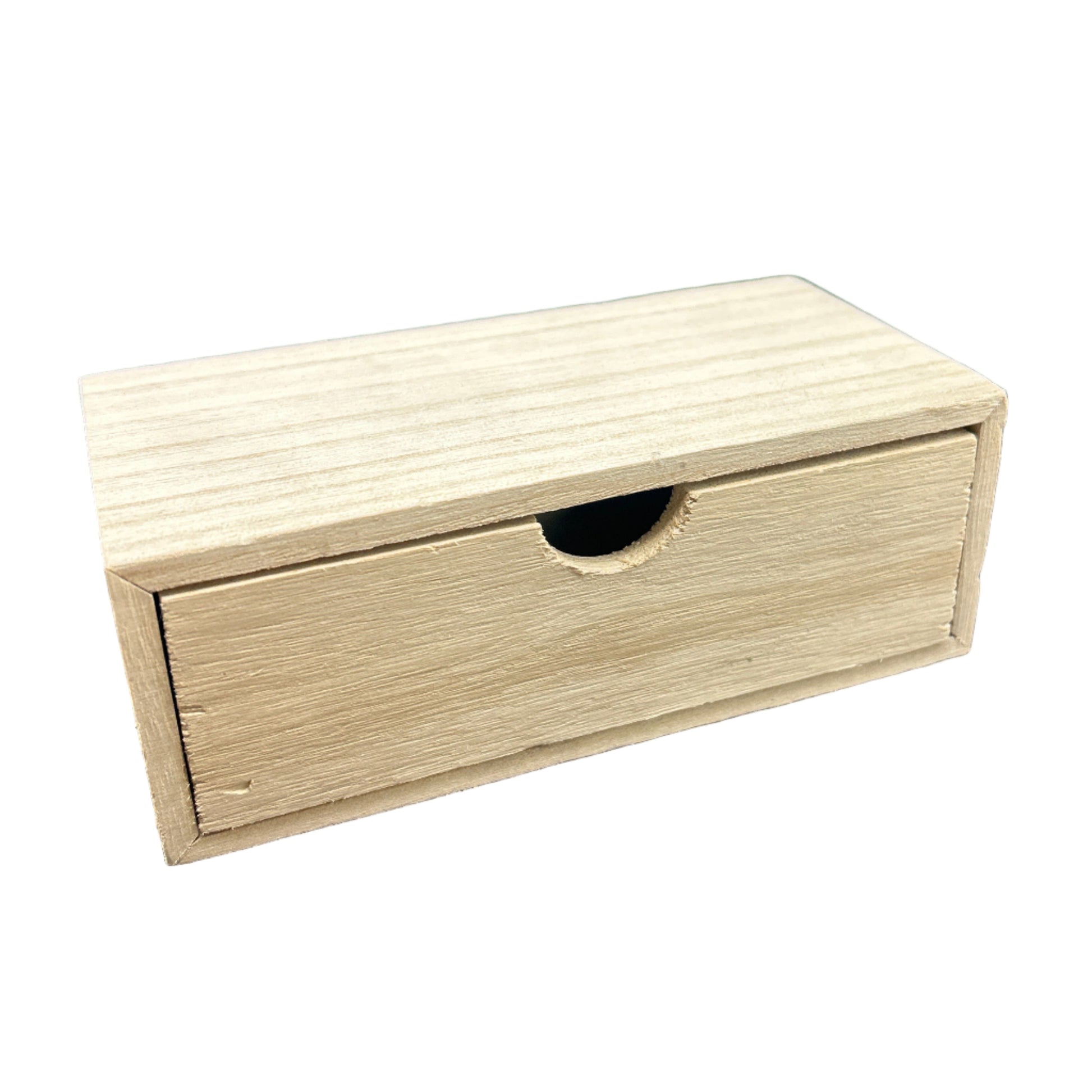 Wooden block with a circular hole on a dark surface