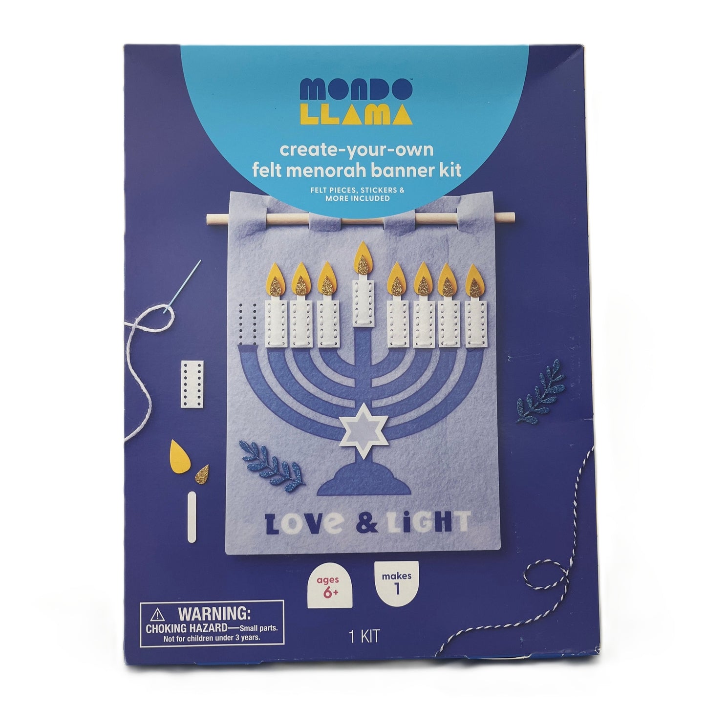 Mondo Llama felt menorah banner kit packaging on a white background