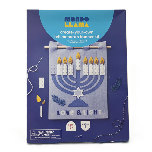 Mondo Llama felt menorah banner kit packaging on a white background