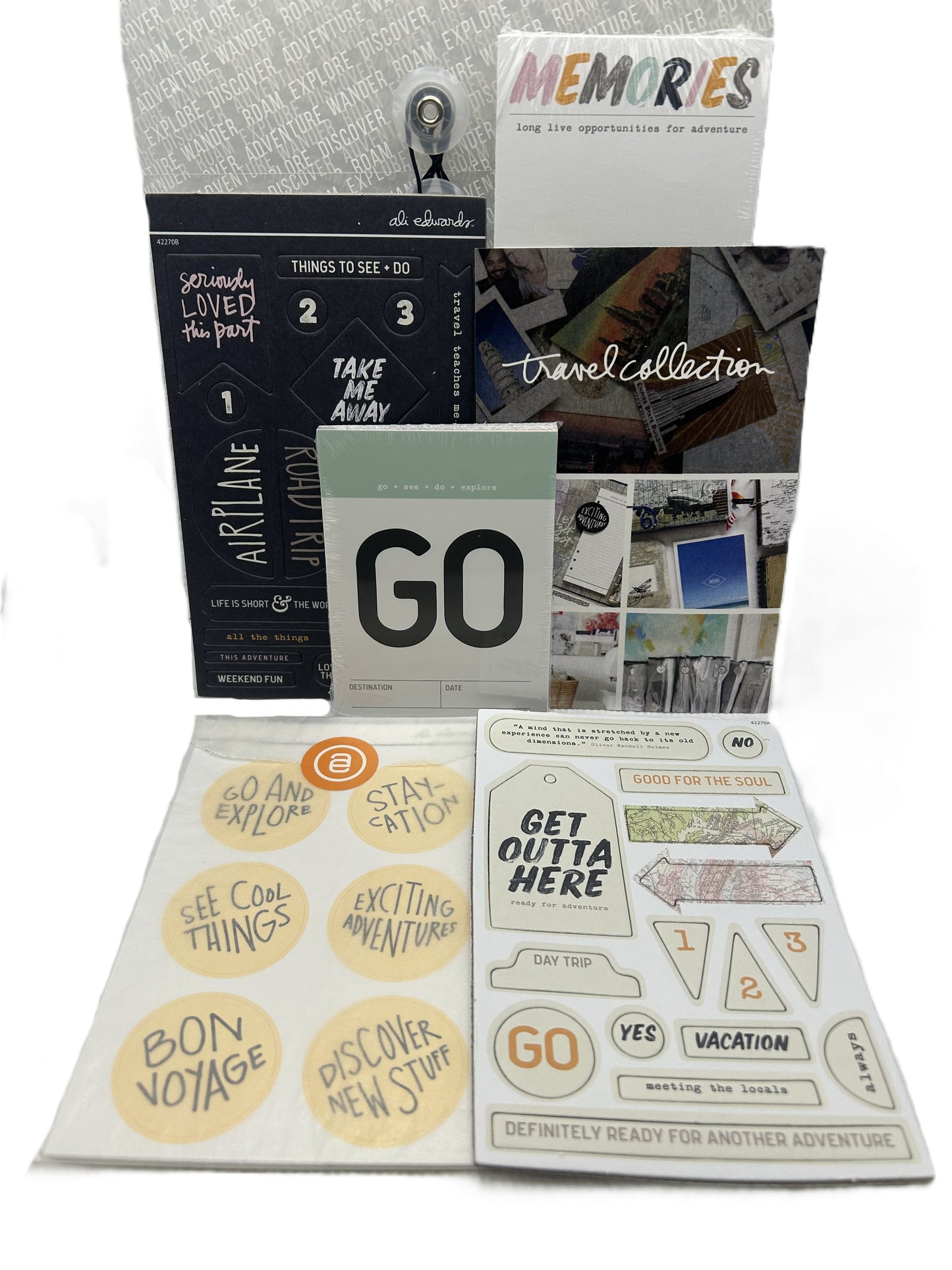 Collection of travel-themed stationery items including cards and stickers on a white background.