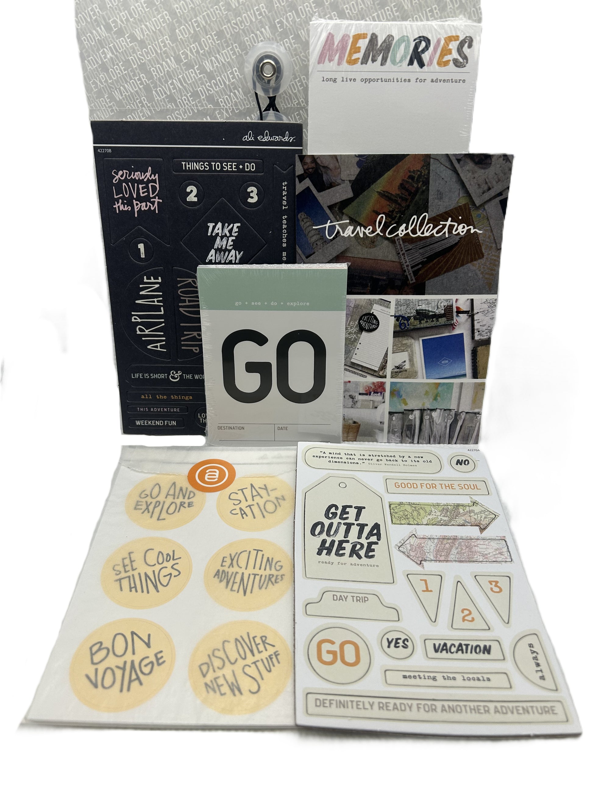 Collection of travel-themed stationery items including cards and stickers on a white background.