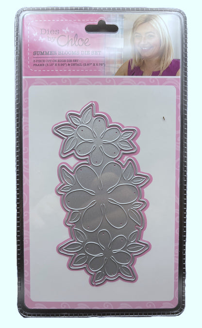 Metal die cut with floral design on a pink and white packaging