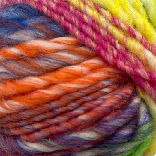 Multicolored skein of yarn on a white background