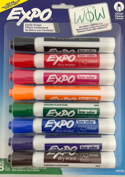 Pack of Expo dry erase markers with various colors on a blue background