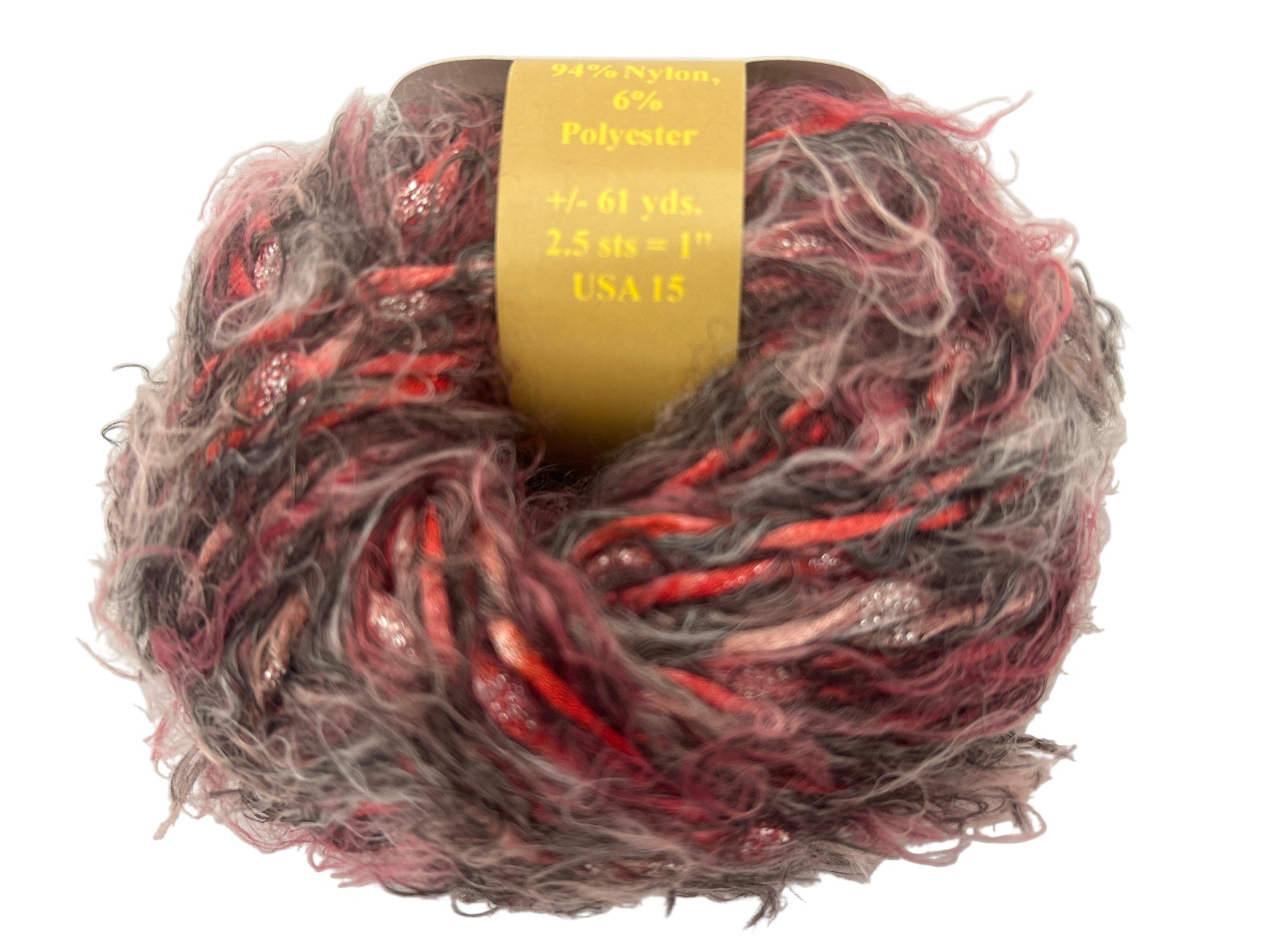 Multicolored yarn ball with a label on a white background