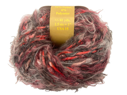 Multicolored yarn ball with a label on a white background