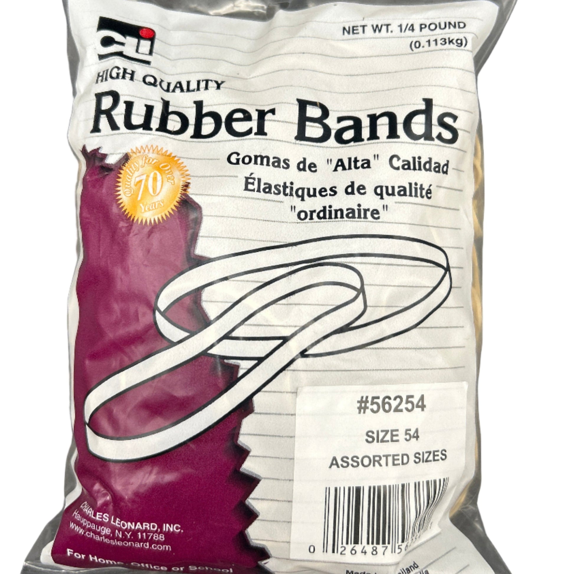 Package of rubber bands with text and a barcode on a white background