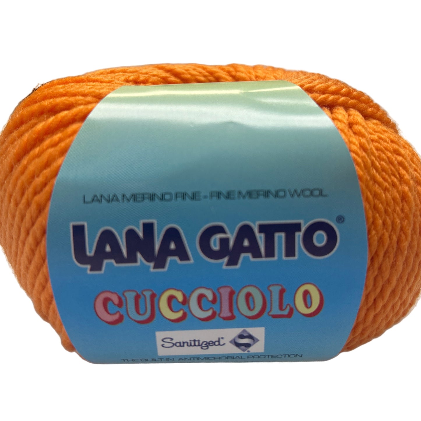 Ball of orange yarn with a blue label featuring 'Lana Gatto' on a white background