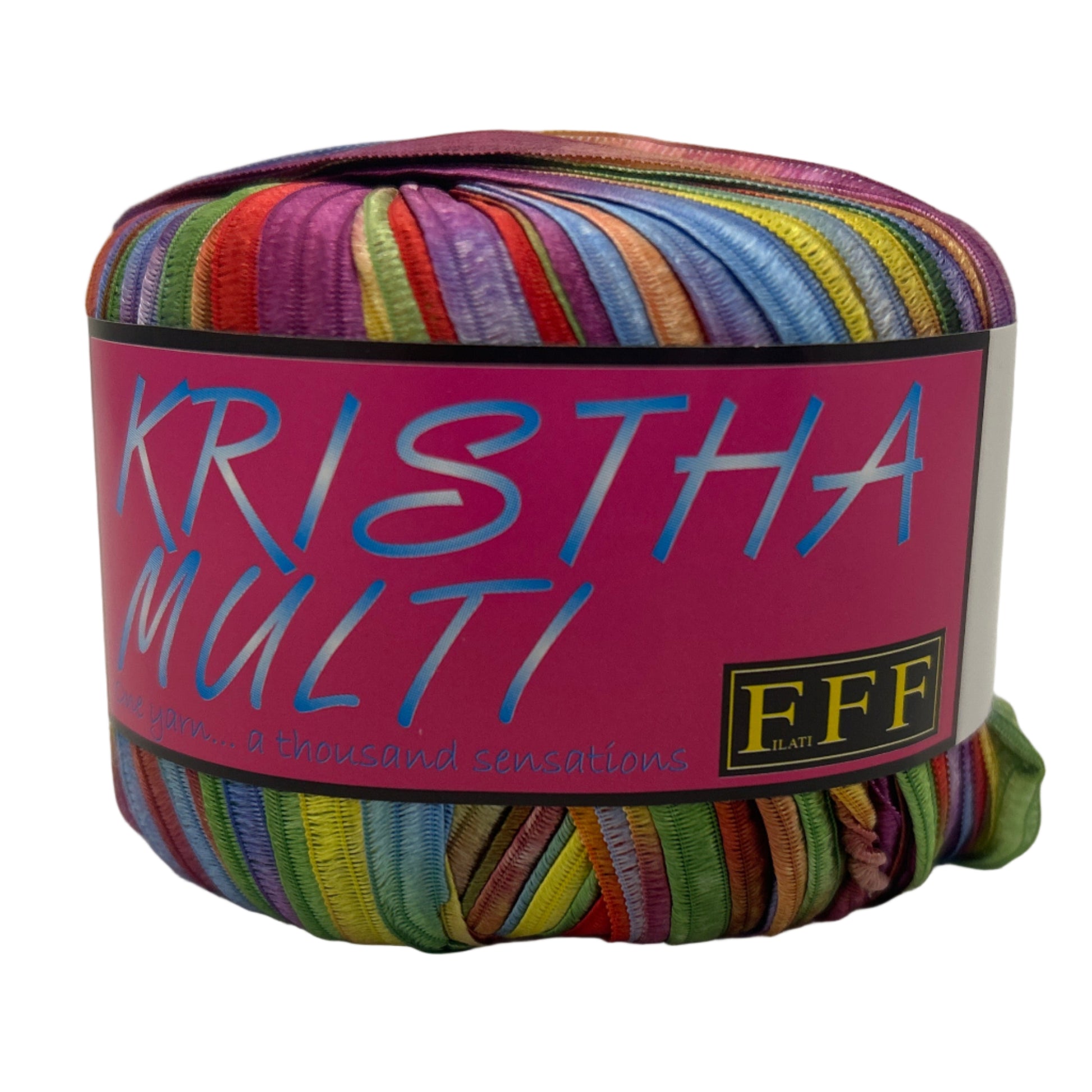 Colorful yarn ball with a pink label on a white background