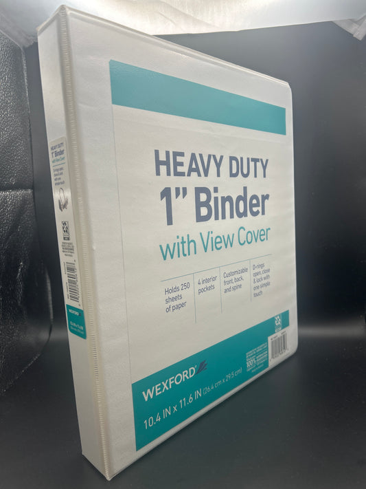 Heavy-duty 1-inch binder with view cover on a dark surface