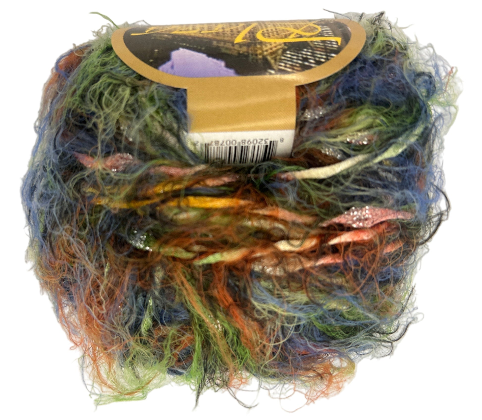 Multicolored yarn ball with a label on a white background