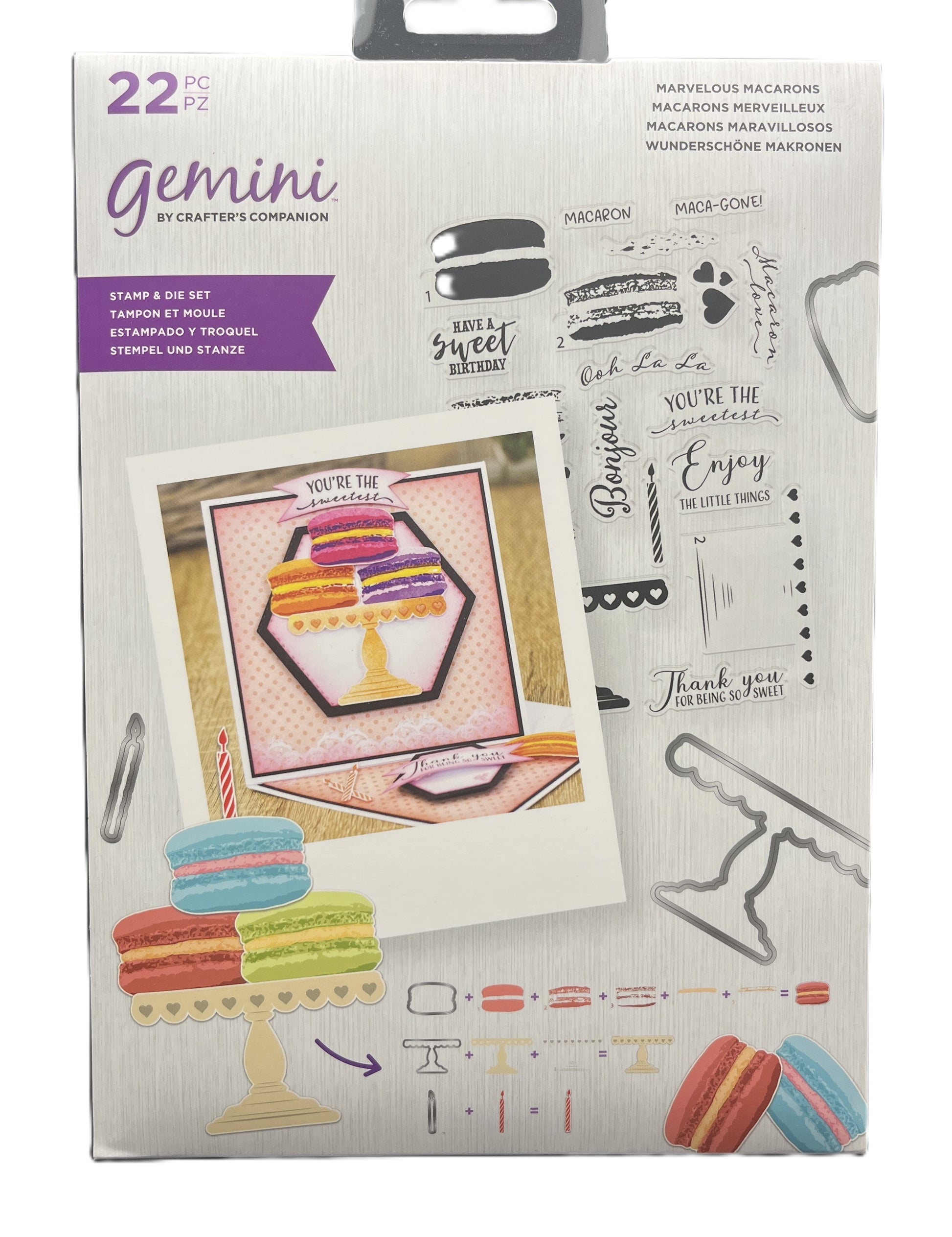 Packaging of Gemini by Crafter's Companion stamp and die set with macaron design