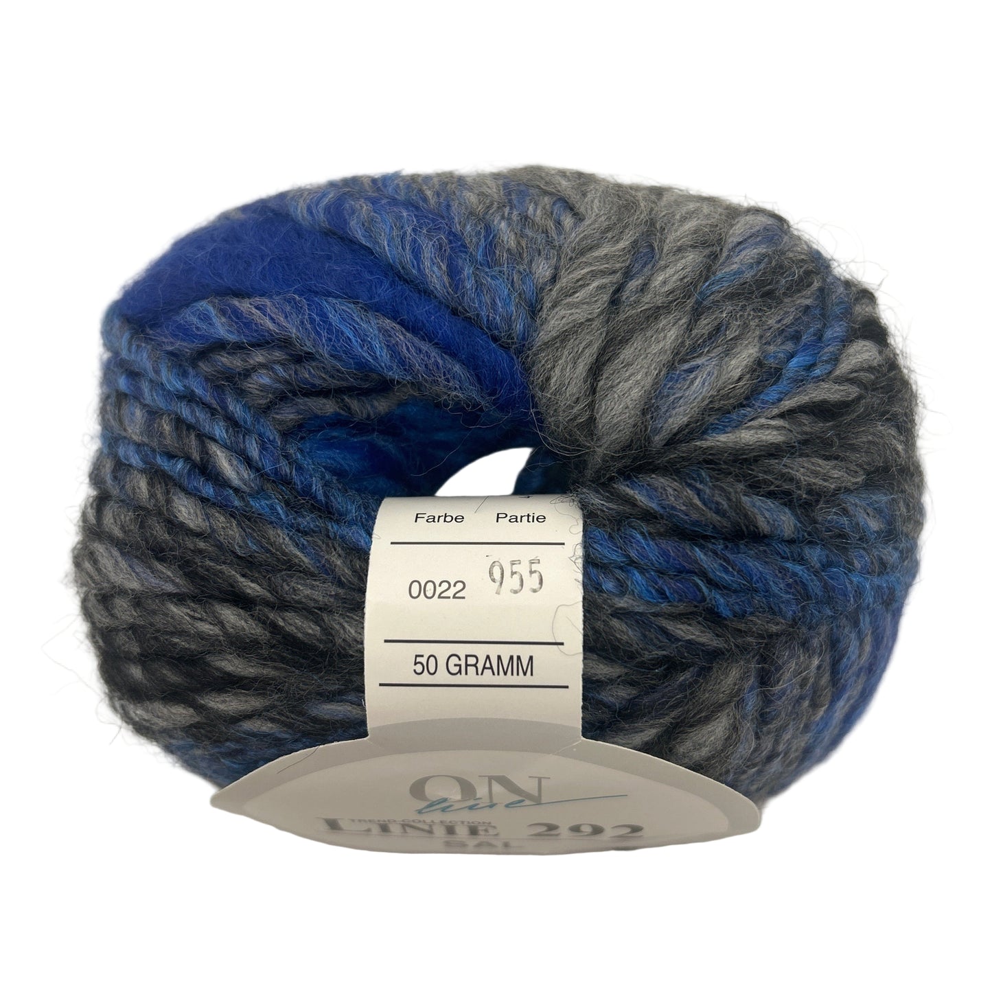 Yarn ball with blue and gray gradient and a label on a white background
