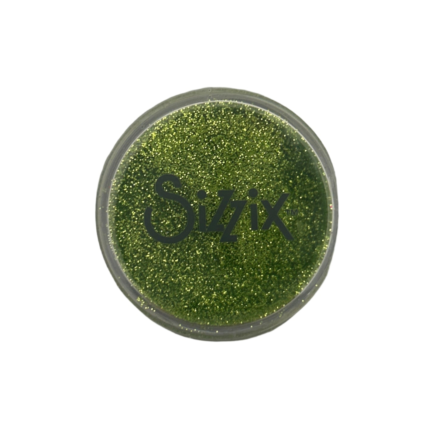 Green glittery powder in a Sizzix container on a white background