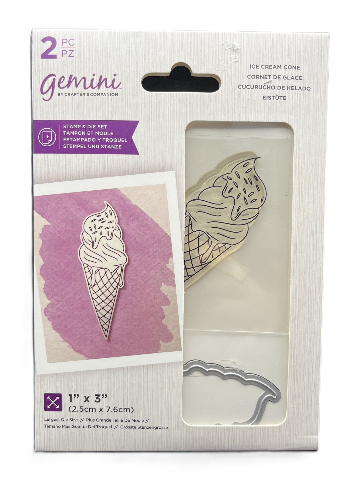 Packaging of Gemini ice cream cone stamp and die set on a white background