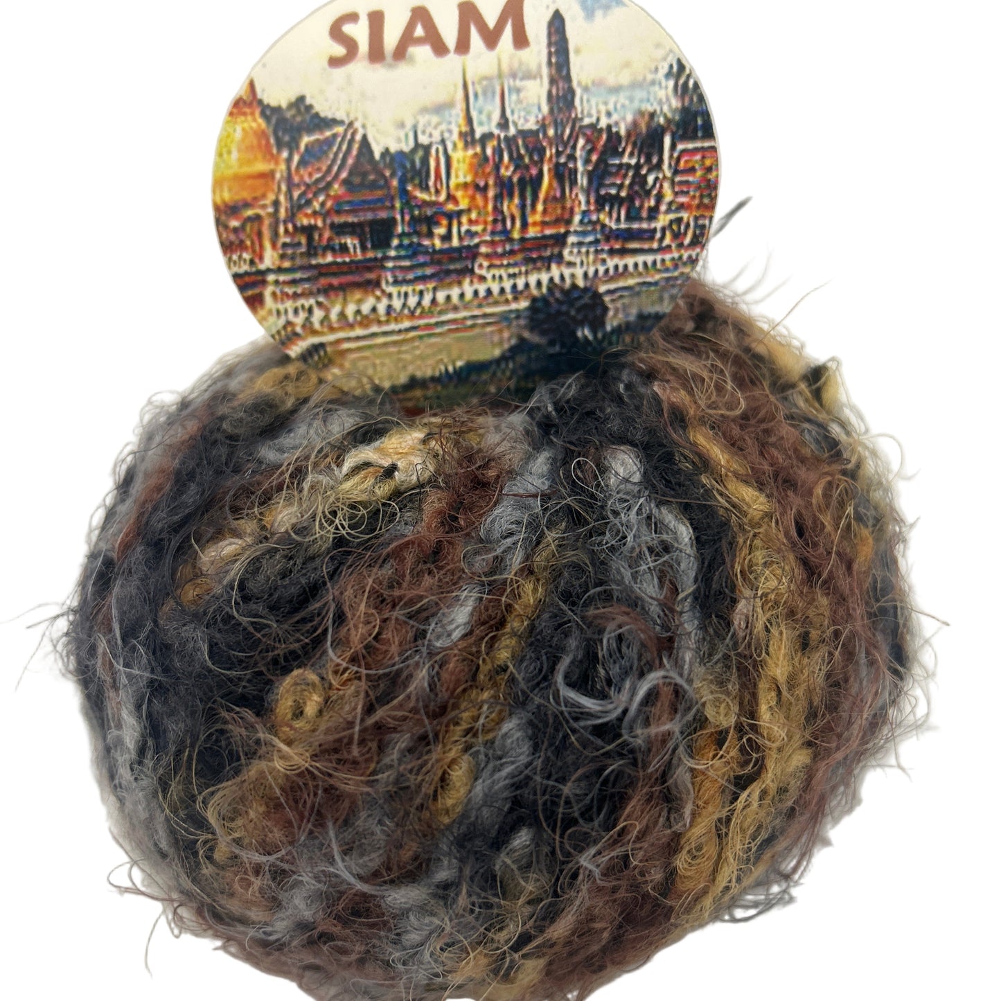 Ball of multicolored yarn with a 'SIAM' branded label on a white background