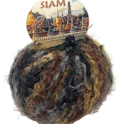 Ball of multicolored yarn with a 'SIAM' branded label on a white background