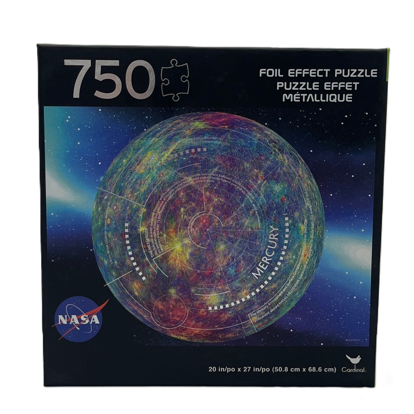 Foil effect puzzle packaging with NASA logo and colorful celestial design