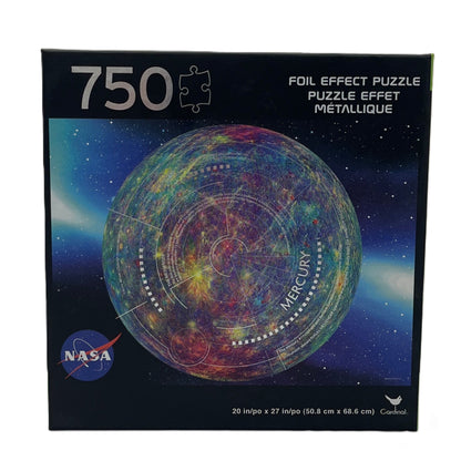 Foil effect puzzle packaging with NASA logo and colorful celestial design