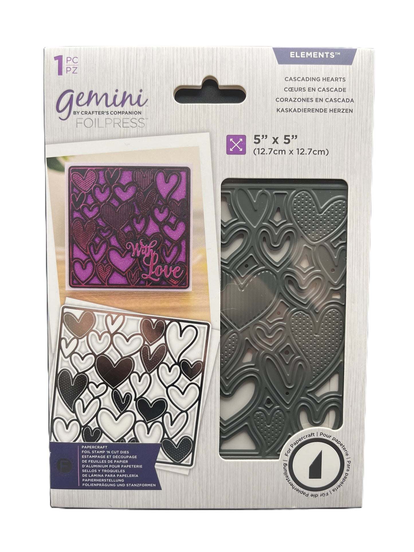 Gemini Foil Press die set packaging with heart designs on a white background