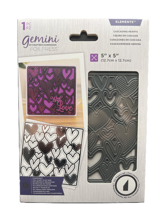 Gemini Foil Press die set packaging with heart designs on a white background