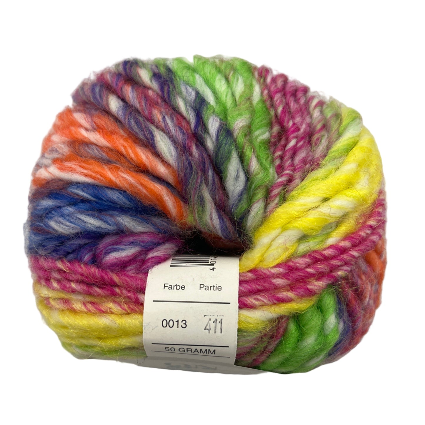 Multicolored skein of yarn with a label on a white background