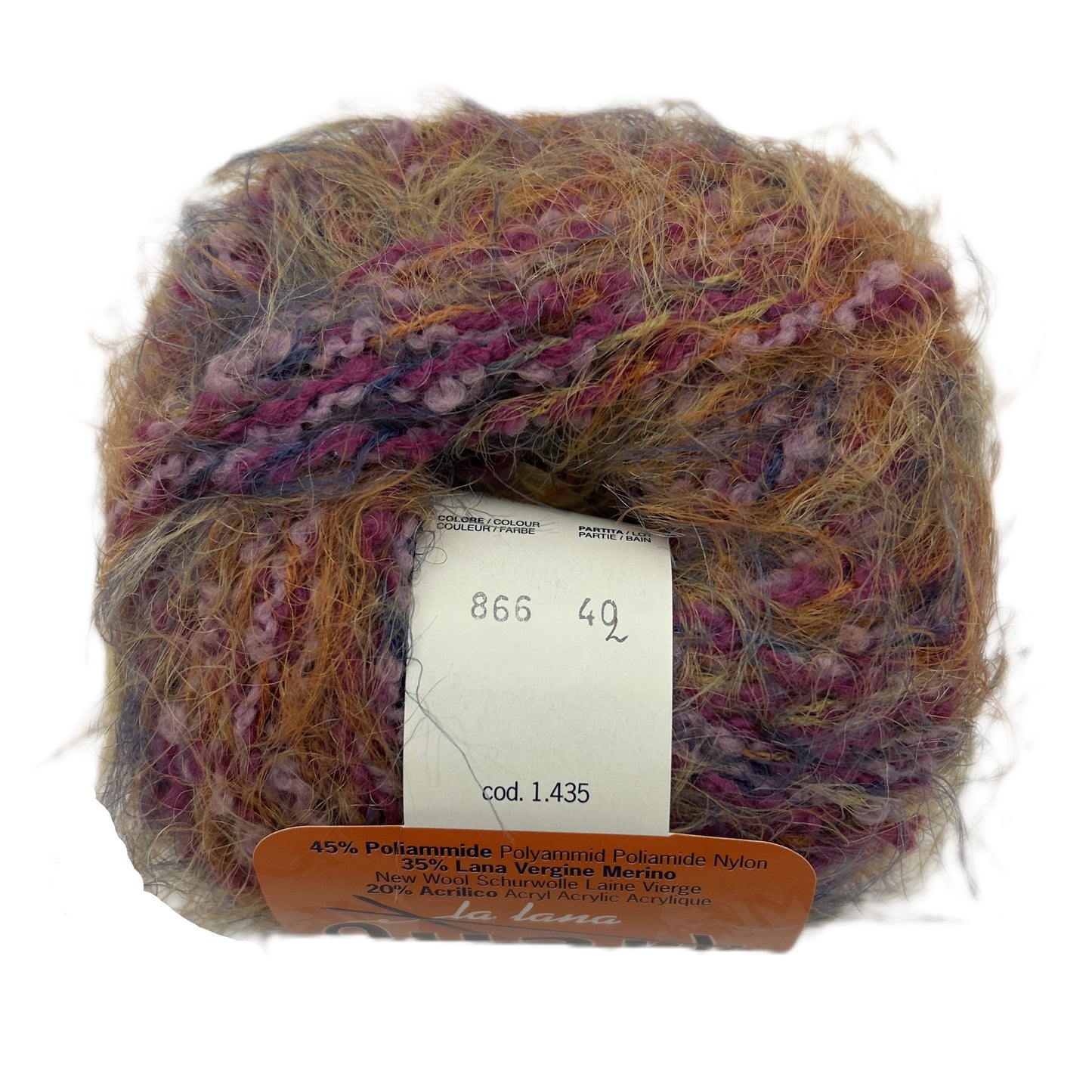 Multicolored yarn ball with a label on a white background
