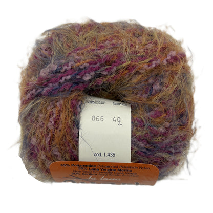 Multicolored yarn ball with a label on a white background