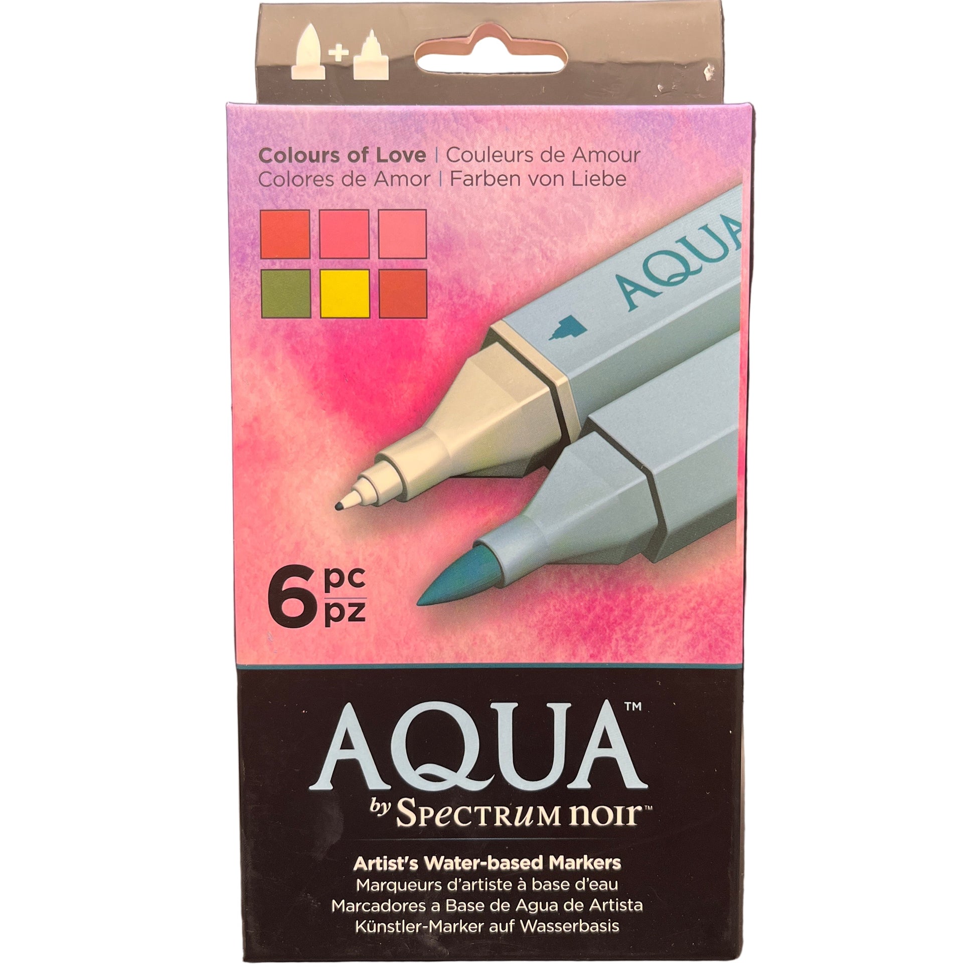 Packaging of Aqua by Spectrum Noir water-based markers with a pink watercolor design on a white background.