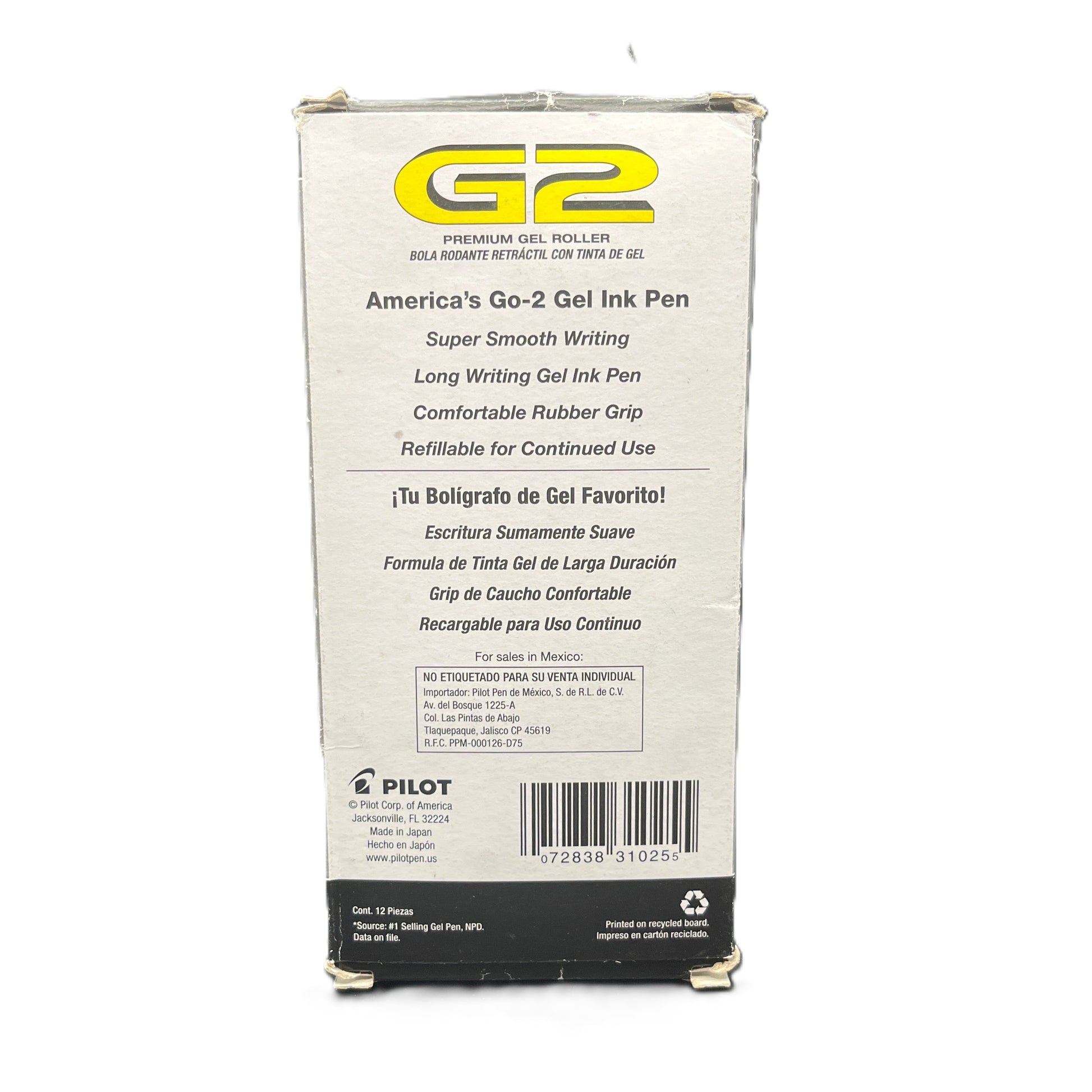 G2 gel ink pen packaging with branding and product details on a white background