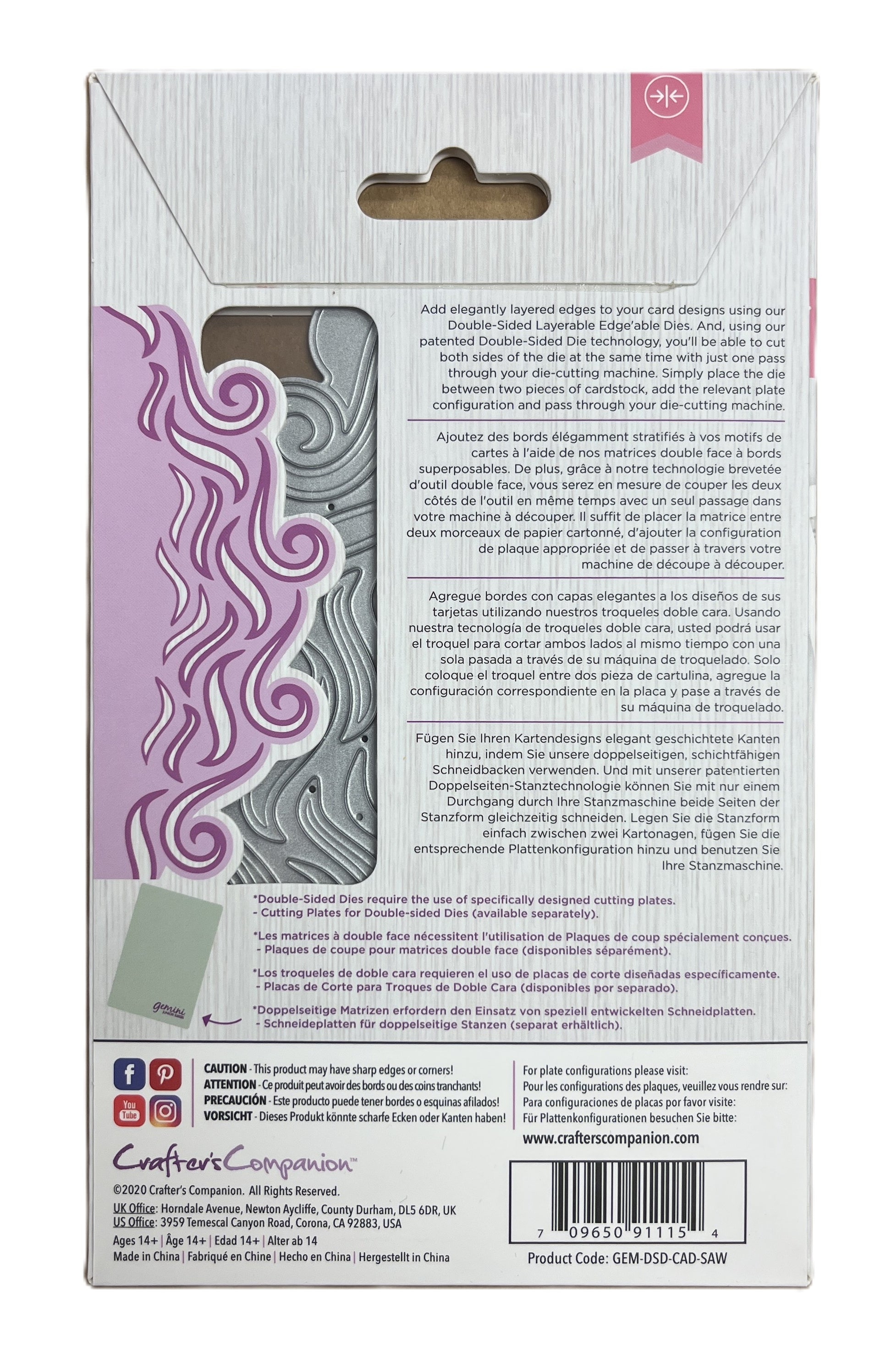 Product packaging with a decorative design on the left side and text on the right.