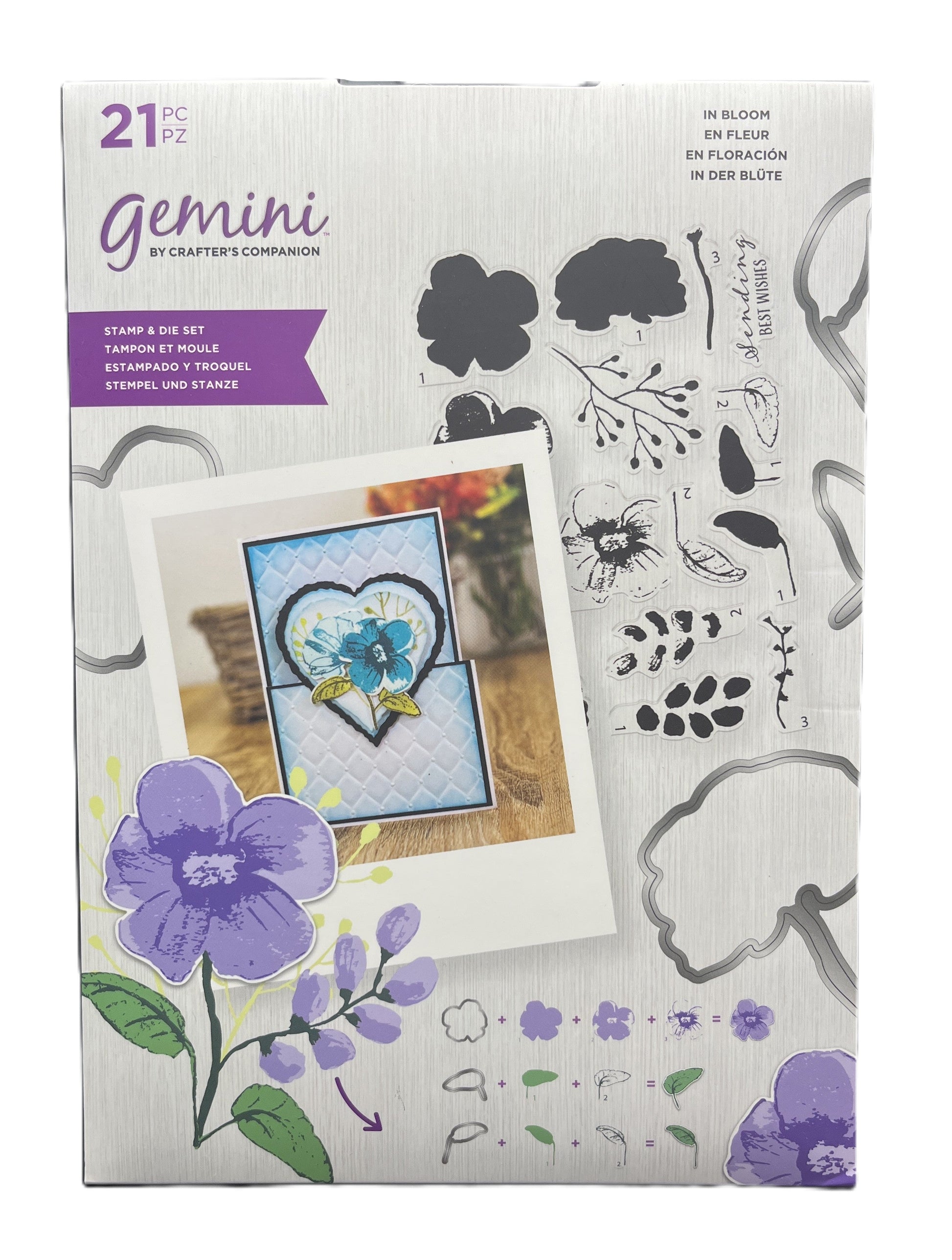 Packaging of Gemini by Crafters Companion stamp and die set with floral designs.
