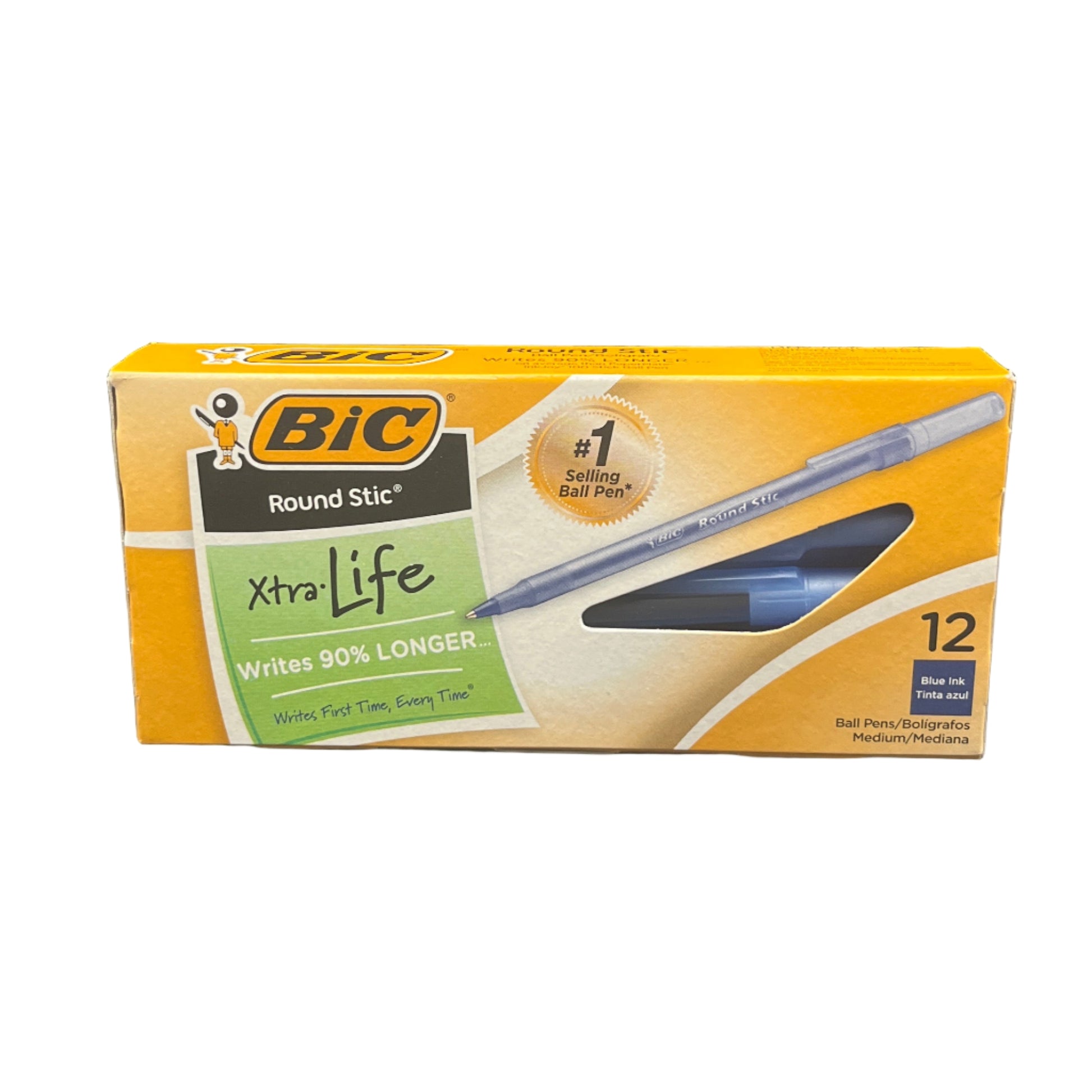 Box of BIC Round Stic Xtra Life pens with a pen displayed on a white background